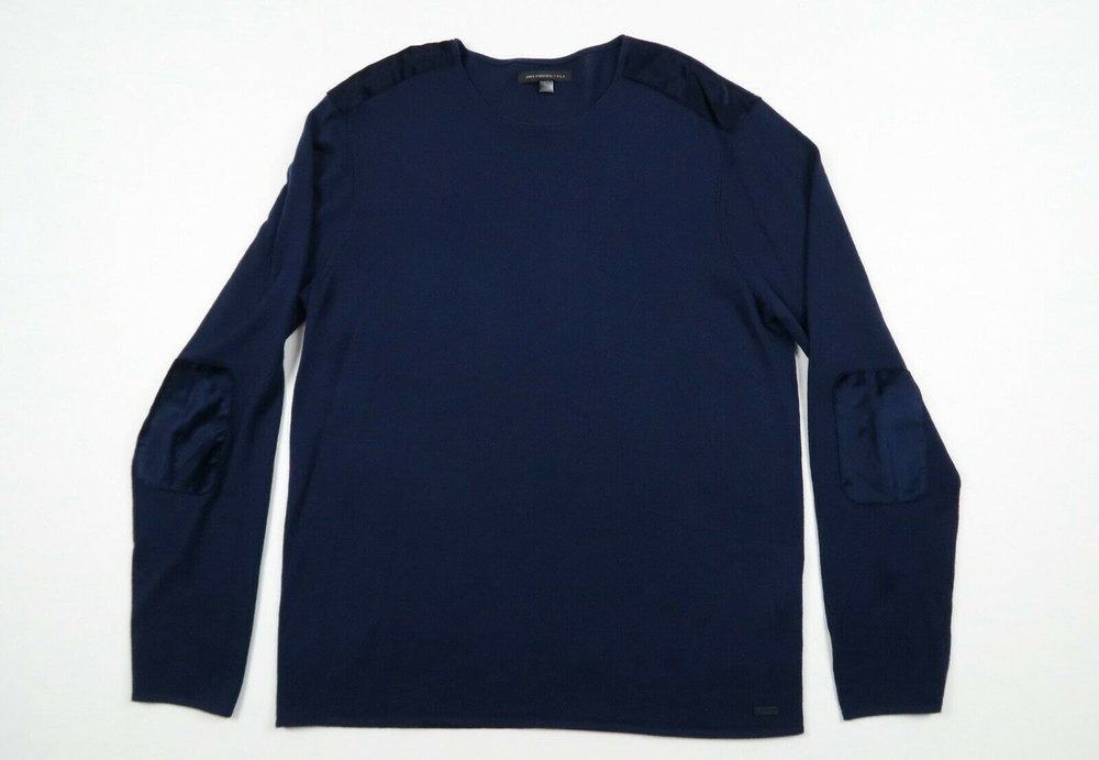 John Varvatos Men's XL Walter Velvet Wool Navy Elbow Patch Crew Neck Sweater